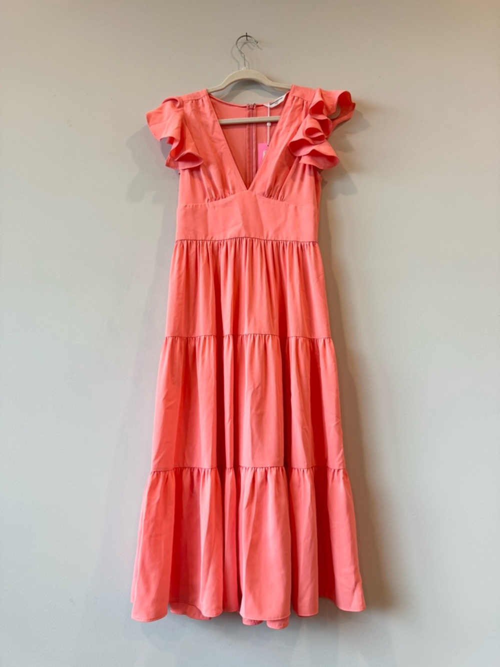 $242 Amanda Uprichard Revolve Coral Ruffle Sleeve Tiered Midi Dress Sundress XS